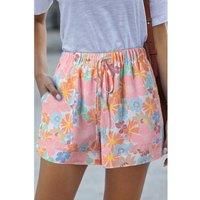 Everyday The Label Women's Pink Floral Print Side Pockets Drawstring Casual Shorts | Size: Medium