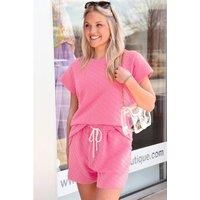 Everyday The Label Women's Sachet Pink Checkered Textured Tee & Drawstring Shorts Sets | Size: Large