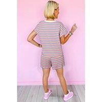 Everyday The Label Women's Pink Stripe Crew Neck Tee & Tasseled Drawstring Shorts Set | Size: XL
