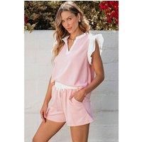 Everyday The Label Women's Light Pink Contrast Trim Ruffled Top & Drawstring Shorts Set | Size: Large