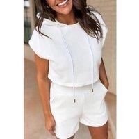 Everyday The Label Women's White Textured Cropped Hoodie & Shorts Set | Size: 22