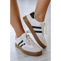 Everyday The Label Women's White Striped Lace-up Flat Sneakers Shoes | Size: 4