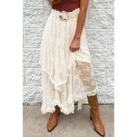 Everyday The Label Women's Beige Lace Cascading Tiered High Waist Maxi Skirt | Size: Small