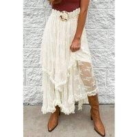 Beige Lace Cascading Tiered High Waist Maxi Skirt