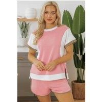 Everyday The Label Women's Pink Textured Colorblock Patchwork Tee Two Piece Shorts Set | Size: Medium