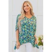 Everyday The Label Women's Green Abstract Print V Neck Half Sleeve Loose Fit Tunic Blouse Blouses | Size: Medium