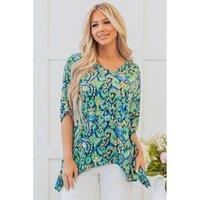 Everyday The Label Women's Green Abstract Print V Neck Half Sleeve Loose Fit Tunic Blouse Blouses | Size: Large