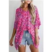 Everyday The Label Women's Pink Abstract Print V Neck Half Sleeve Loose Fit Tunic Blouse Blouses | Size: Medium