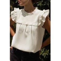 Everyday The Label Women's White Solid Color Ruffle Trim Waffle Knit Blouse Blouses | Size: Large