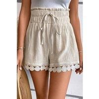 Everyday The Label Women's Apricot Textured Frilled Knotted High Waist Lace Hem Shorts in Beige | Size: Small
