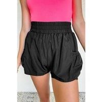 Black Elastic High Waist Pocketed Casual Shorts