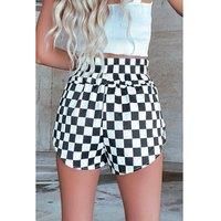 Black Checkered Print High Waist Casual Shorts