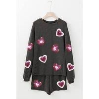 Everyday The Label Women's Carbon Grey Valentine Sequin Heart Corded Pullover & Shorts Set | Size: XL