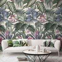 Grandeco Delicate Jungle Botanical XXL Leaves & Flowers Green & Pink Repeatable Wallpaper Mural 159 x 280cm