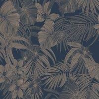 Grandeco Joelle Metallic Floral Fern Outline Wallpaper, Navy & Rose Gold
