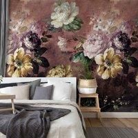 Grandeco Painted Flowers Burgundy Repeatable Wallpaper Mural 159 x 280cm