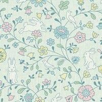 JS3102 Non-Woven Wallpaper Flowers Rabbits Birds Tendrils Leaves Green Pink Blue