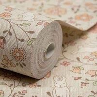 Grandeco Liberty Floral Bunny Trail Nursery Textured Wallpaper Natural Beige JS3103