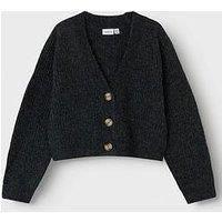 NAME IT Girl/'s NKFHOLLY Boxy Short Knit Card NOOS Cardigan Sweater, Dark Grey Melange, 122-128 cm