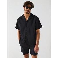 Jack & Jones Massimo Textured Stripe Resort Short Sleeve Shirt - Black