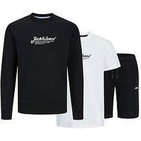 JACK & JONES Men/'s Jjbeau Tee Ss/Sweat & Shorts Set Jnr, Black, 176 cm (Pack of 3)