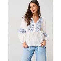 Jdy Tie Detail Embroidered Blouse - Blue/White