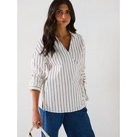 Only Tie Detail Stripe Cross Over Shirt - White/Beige