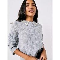 Jdy April Life Long Sleeve Pearl Collar Knitted Jumper - Grey