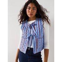 Pieces Quilted Tie Front Short Waistcoat - Blue Multi