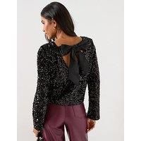 Only Long Sleeve Sequin Bow Top - Black