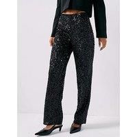 Jdy Sequin Straight Leg Jersey Trousers - Black