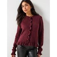 Jdy Long Sleeve Frill Knitted Cardigan - Burgundy