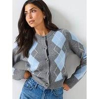 Only Argyle Long Sleeve Button Cardigan - Grey