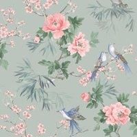 Amelie Chinoiserie Wallpaper Sage Green / Pink Rasch 260568 Washable Matte