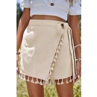 Everyday The Label Women's Apricot Tassel Trim Wrap Knot Side Bohemian Style Mini Skort Shorts in Beige | Size: Large