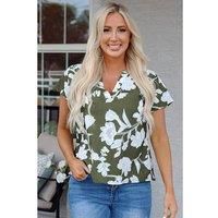 Everyday The Label Women's Green Floral Print Split Neck Short Sleeve Blouse Blouses | Size: Small
