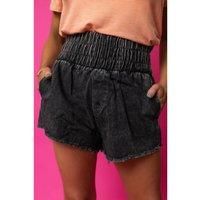 Black Smocked High Waist Mineral Washed Jean Shorts Women Denim