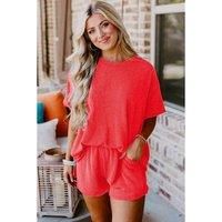 Orange Ribbed Textured Knit Loose Fit Tee and Shorts Set -Size L