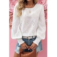 Everyday The Label Women's White Eyelet Embroidered Smocked Cuff Sheer Blouse Blouses | Size: Medium