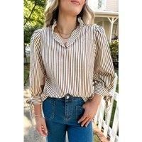 Everyday The Label Women's Straw Yellow Striped Print Tied Cuffs Split Neck Seersucker Blouse | Size: Small