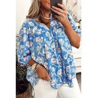 Everyday The Label Women's Sky Blue V Neck Floral Print 3/4 Puff Sleeve Blouse Blouses | Size: Medium