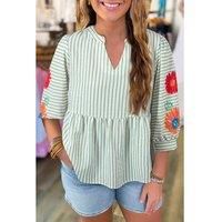 Everyday The Label Women's Green Stripe Flower Puff Sleeve Notched V Neck Babydoll Blouse Blouses | Size: Small
