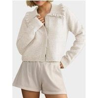Frill Button Up Collared Neck Long Sleeve Cardigan- White