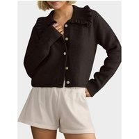 Frill Button Up Collared Neck Long Sleeve Cardigan- Black