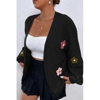 Floral Applique Drop Shoulder Open Front Cardigan- Black