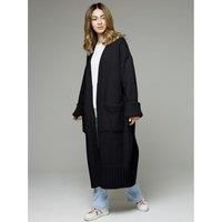 Pocketed Open Front Dropped Shoulder Cardigan- Black