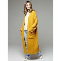Pocketed Open Front Dropped Shoulder Cardigan- Gold