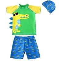 Kids' 3-Piece Matching Swim Top, Shorts & Cap - Shark Or Dinosaur! - Green