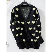 Heart V-Neck Button Up Long Sleeve Cardigan- Black