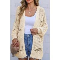 Openwork Open Front Long Sleeve Cardigan- Beige